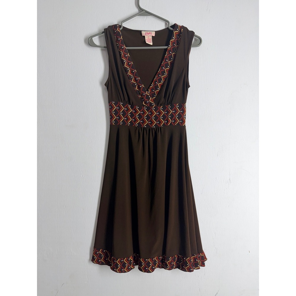Candies Brown Geometric Retro Print Fit Flare Dress V-Neck Sleeveless Small Y2K